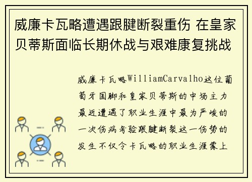 威廉卡瓦略遭遇跟腱断裂重伤 在皇家贝蒂斯面临长期休战与艰难康复挑战 威廉卡瓦略遭遇跟腱断裂重伤 在皇家贝蒂斯面临长期休战与艰难康复挑战